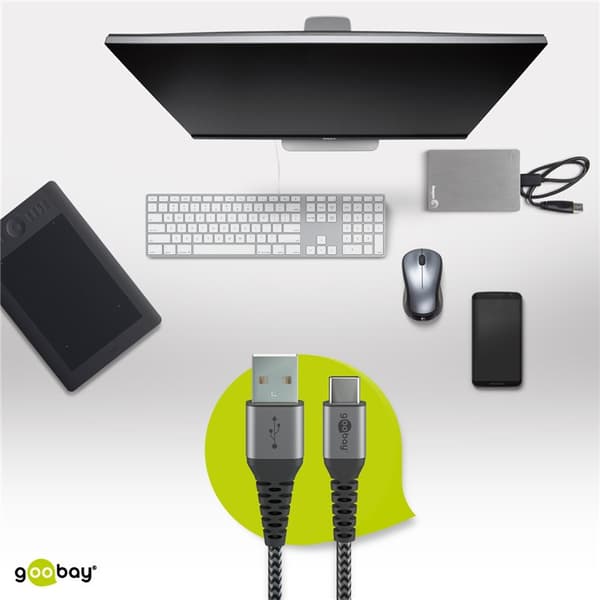USB-C™ til USB-A tekstilkabel med metalstik 2 m