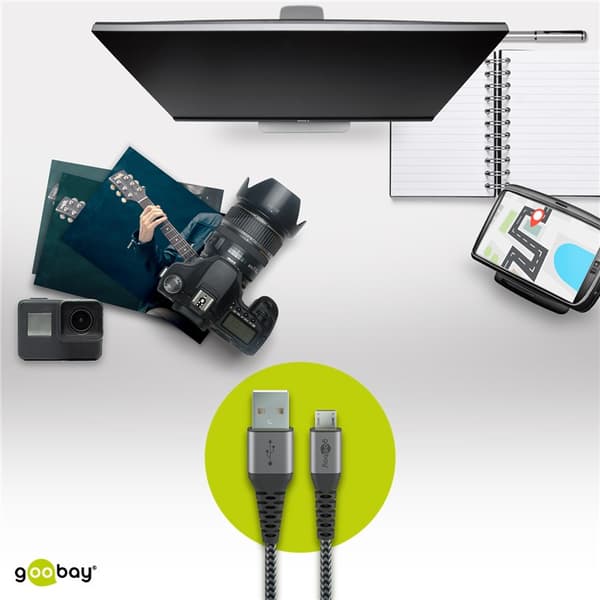 Micro-USB - USB-A -tekstiilikaapeli metalliliittimillä 1 m