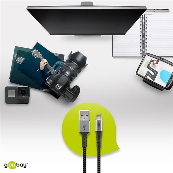 Mikro USB til USB-A tekstilkabel med metalstik 2 m