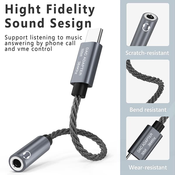 32bit / 384kHz USB-C til 3,5 mm lydadapterkabel DAC-adapter Grey