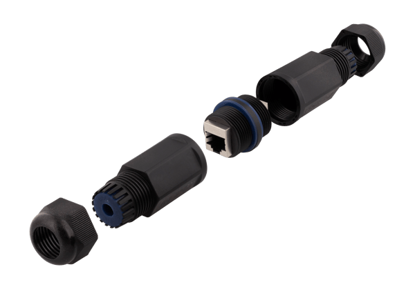Waterproof coupler 2x Cat6 RJ45 jacks shielded IP67 black