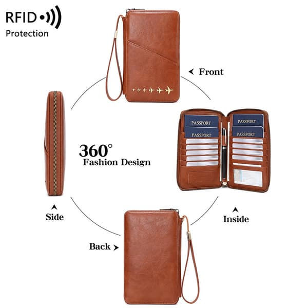 RFID-skyddad Passfodral 2025 - Brun PU Läder Plånbok för Resor
