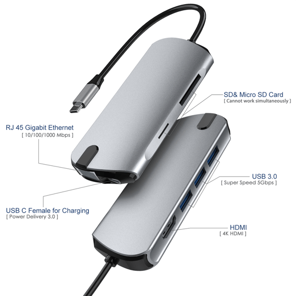 USB C-hub med åtte ulike uttak