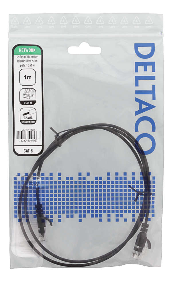 U/UTP Cat6 patch cable slim, 2.6 mm⌀, 1m, 500MHz, black