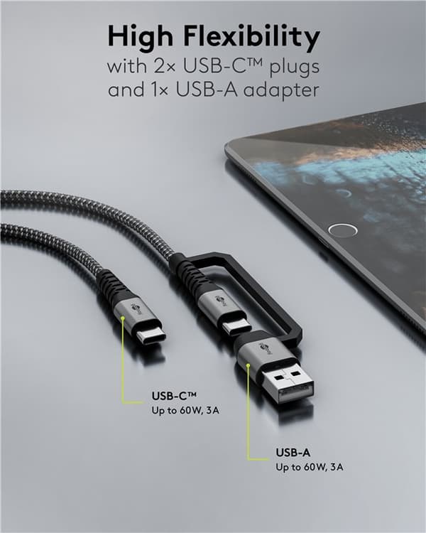2-i-1 USB tekstilkabel, plassgrå/sølv, m