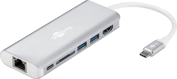 USB-C™ multiport-adapter til HDMI™ 4K @ 30 Hz, USB, cardreader, RJ45, PD, aluminium, sølv