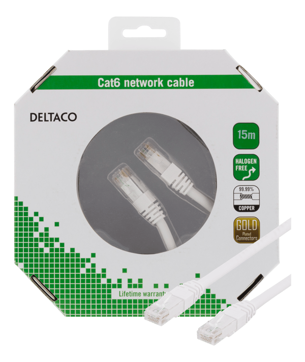 U/UTP Cat6 patch cable, 15m, 250MHz, Delta, LSZH, white