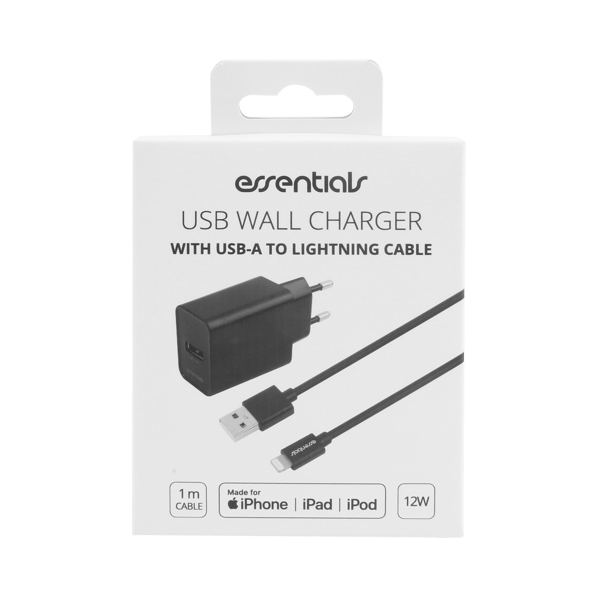 Wall Charger 12W, USB-A Light. MFi, Cable 1m,Black