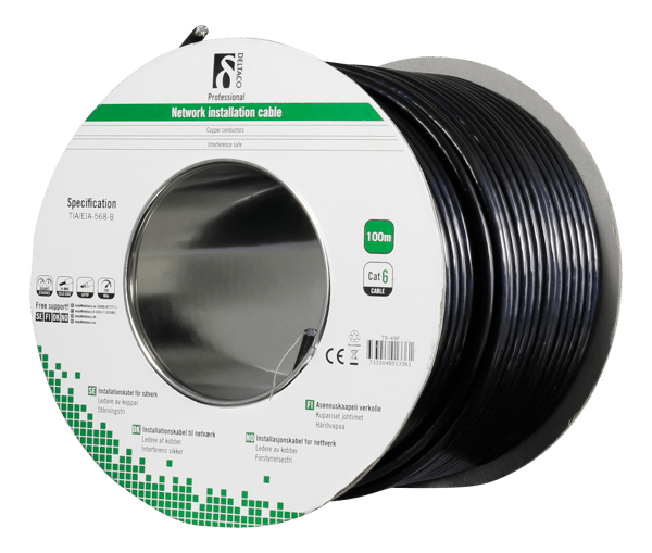 F/UTP Cat6 installation cable, for outdoor use, 100m, black