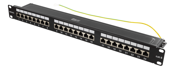 STP patch panel, 24xRJ45, Cat6, 1U, 19", metal, black