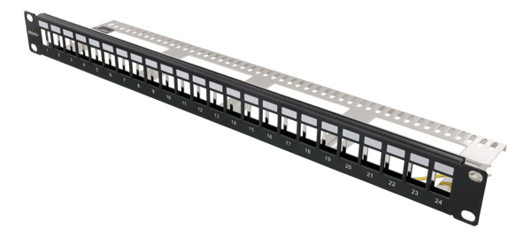 19" Keystone patch panel, 24 ports, 1U, ground cable, metal
