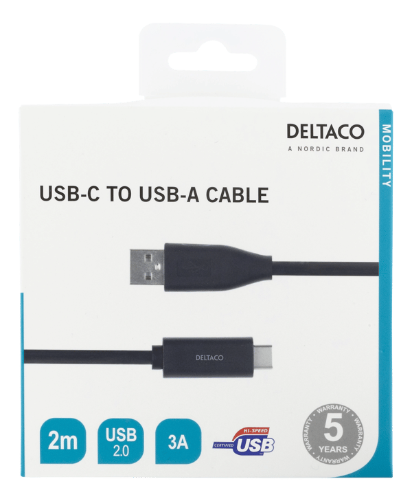 USB-C to USB-A cable, 2m, 3A, USB 2.0, black