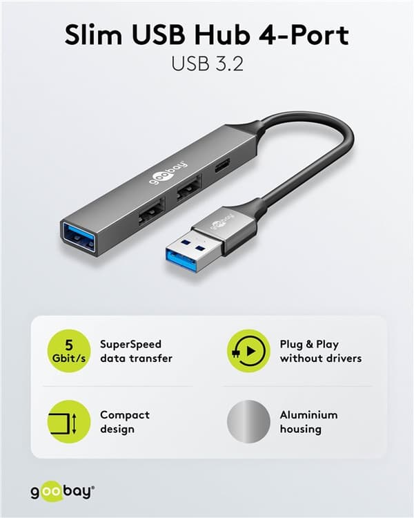 Slank USB-hub med 4 porter, USB-A til USB-C™/USB-A, 5 Gbit/s