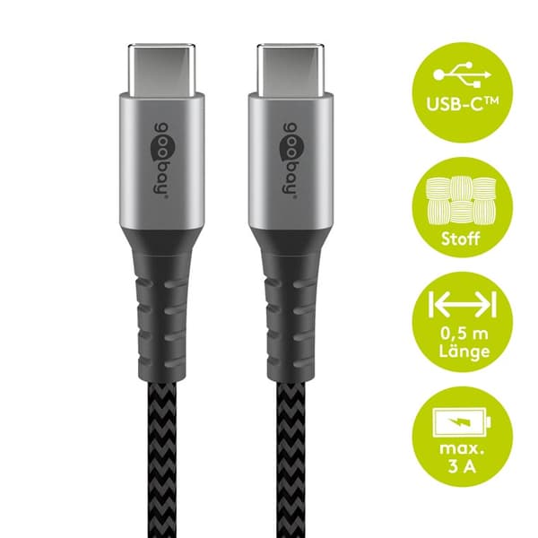 USB-C™ til USB-C™ tekstilkabel med metalstik 0,5 m