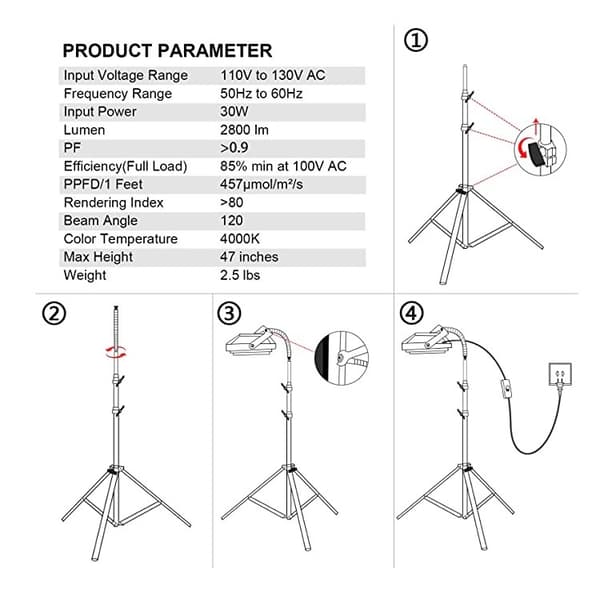 1,6m Stand Plant Light med Timer og Lysdæmper Black