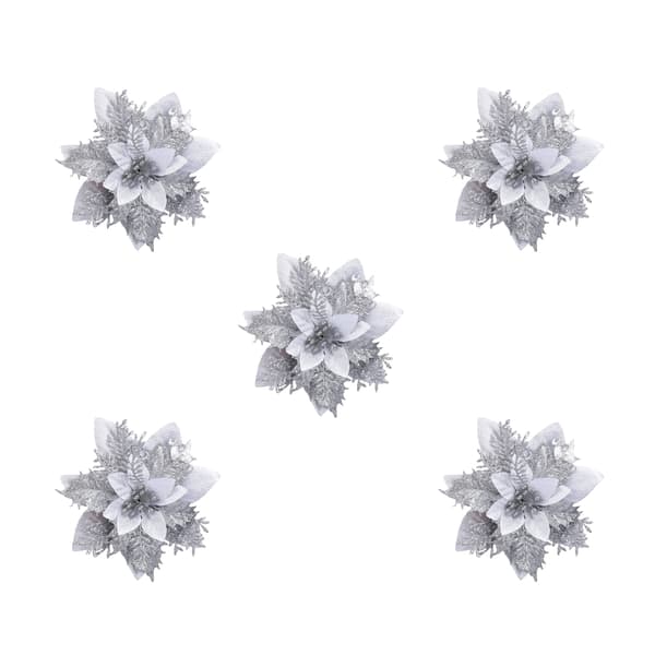 Kunstige juleblomster sølv 5-pack julepynt