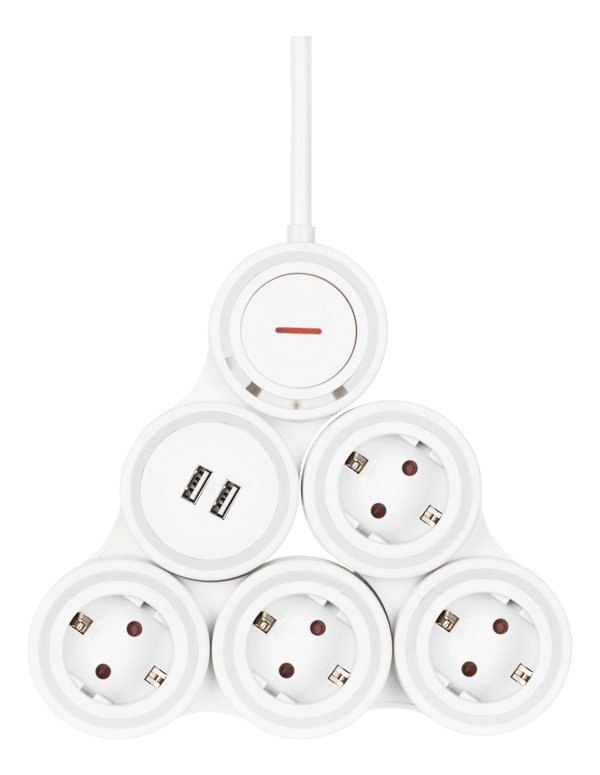 Flexible 4-Socket Power strip, 1.4m, 16A 3500W, 2x USB-A, wh