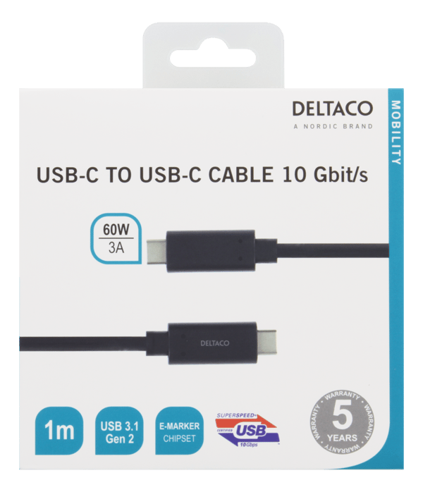 USB-C cable, 1m, USB 3.1 Gen 2, 10 Gbps, 60W, black