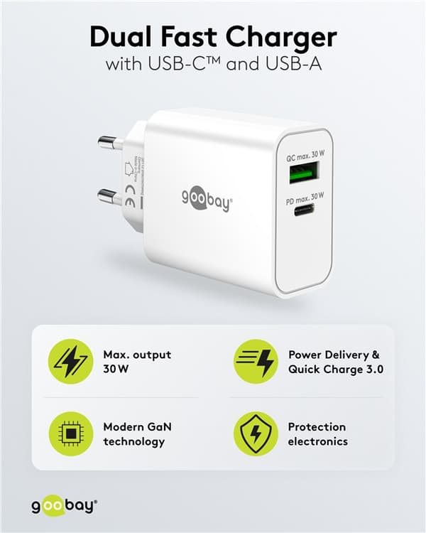 USB-C™ PD GaN dubbel snabbladdare (30 W) vit