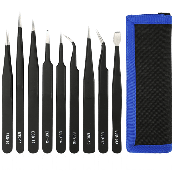 Tweezer kit, 9 pieces, ESD, black
