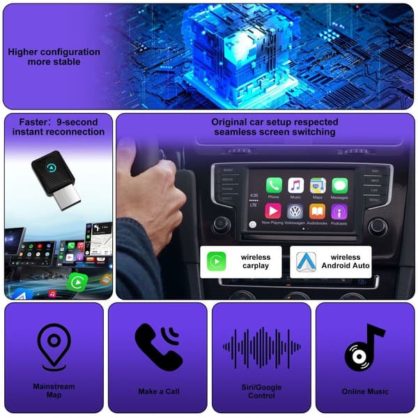 Trådløs CarPlay Adapter - Sort: Kablet til Trådløs CarPlay Konverter til Smart Bilforbindelse