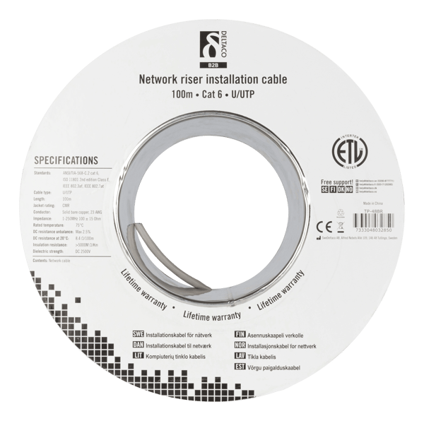 U/UTP Cat6 riser install cable 100m drum 250MHz grey