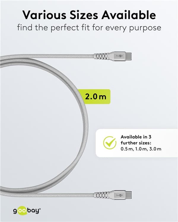 USB-C™ supersoft textilkabel med metallkontakter, 2 m, vit