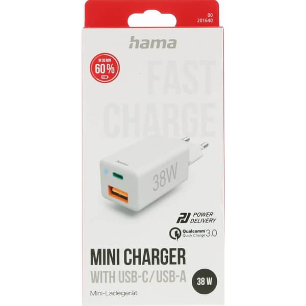 Mini-oplader USB-C + USB-A Qualcomm 3.0 38W Hvid