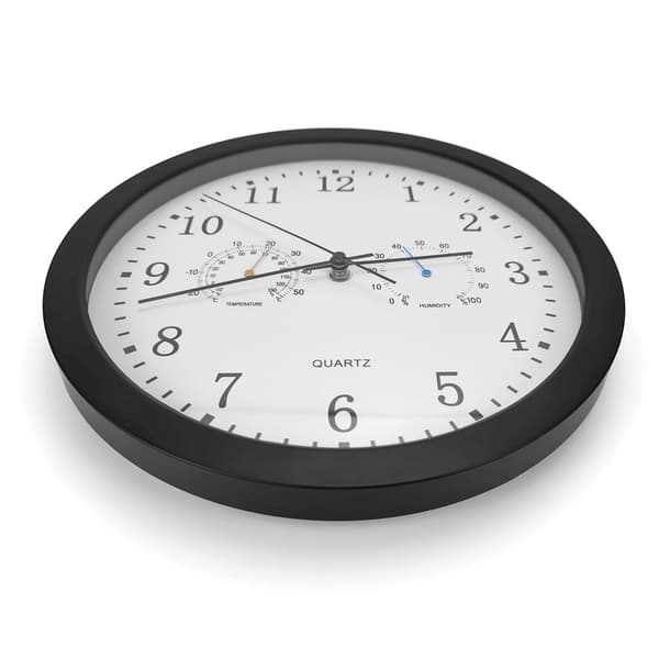 Tyst väggklocka med termometer och hygrometer, 30 cm diameter Black
