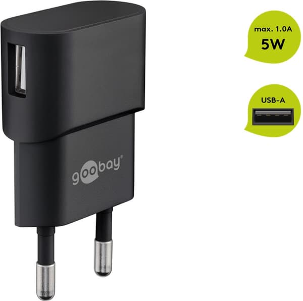 USB-laturi 1 A (5W) musta