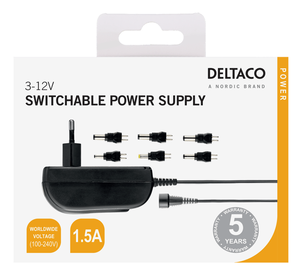Power supply, 240 V to 3-12 V, 1.5 A, different tips, black