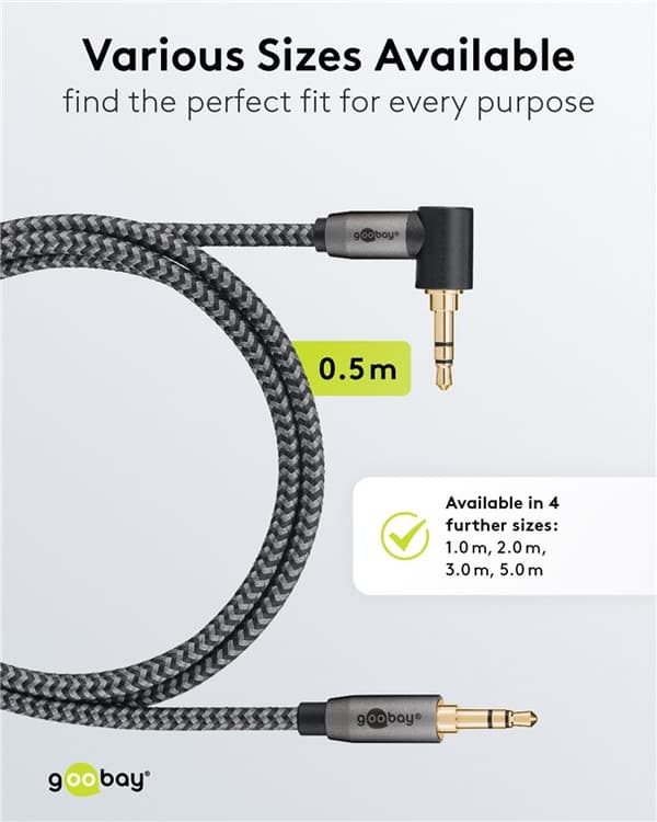 Lydtilkoblingskabel AUX, 3,5 mm stereo, 90°, 0,5 m