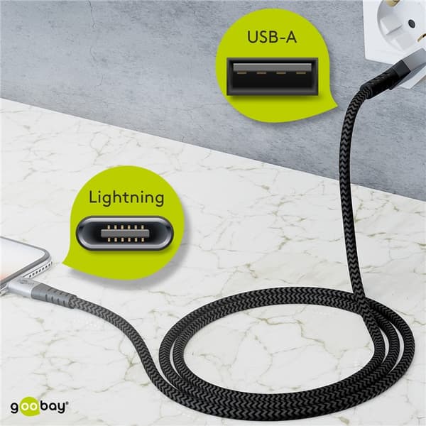 Lightning-USB-A textilkabel med metallkontakter, 2 m