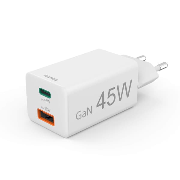Oplader 1x USB-C 1x USB-A GaN 45W Hvid