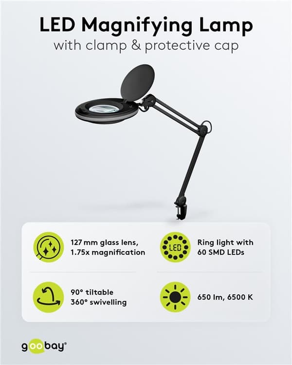 LED forstørrelseslampe med klemme, 8 W, sort
