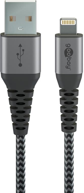 Lightning til USB-A Tekstilkabel med metallplugger (Space grå / sølv) 2 m