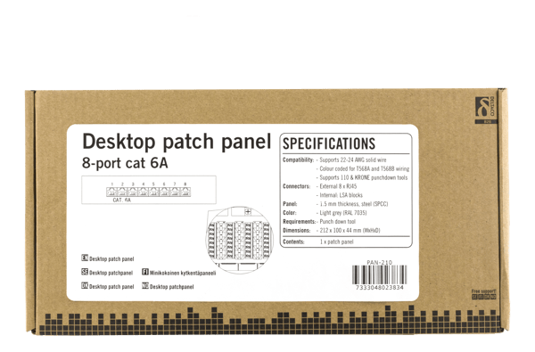 Patch Panel, 8xRJ45, Cat6a, wall-mountable, metal, grey