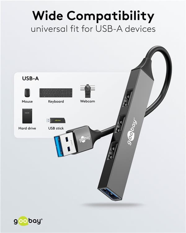 Slim 4-ports USB-hub, USB-A til USB-A, 5 Gbit/s
