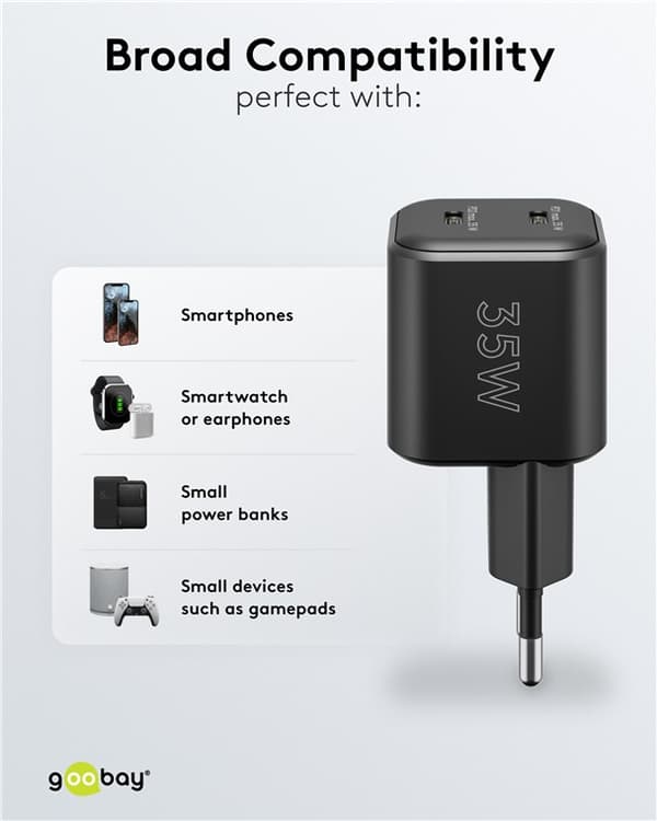 USB-C™ PD GaN dobbelt hurtigoplader Nano (35 W) sort