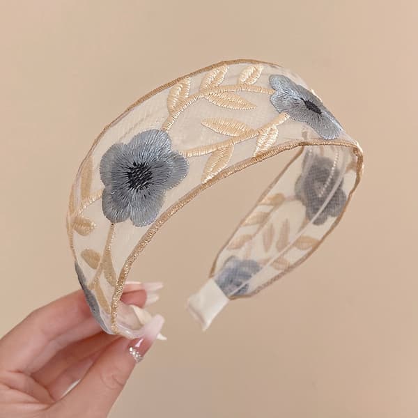 Brodert hodebånd med blomster, bredt hodebånd Grey