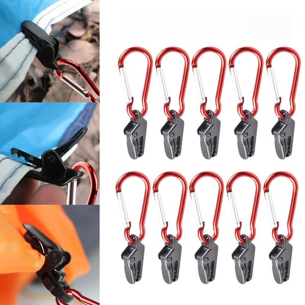 Vindtäta klämmor med rött karbinhakspänne (10-pack)