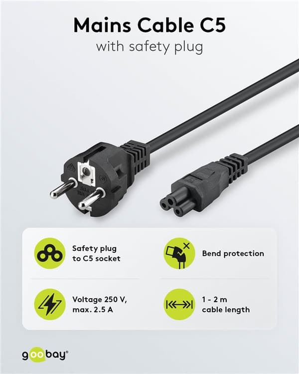 Nettkabel med jordet støpsel, 2 m, sort