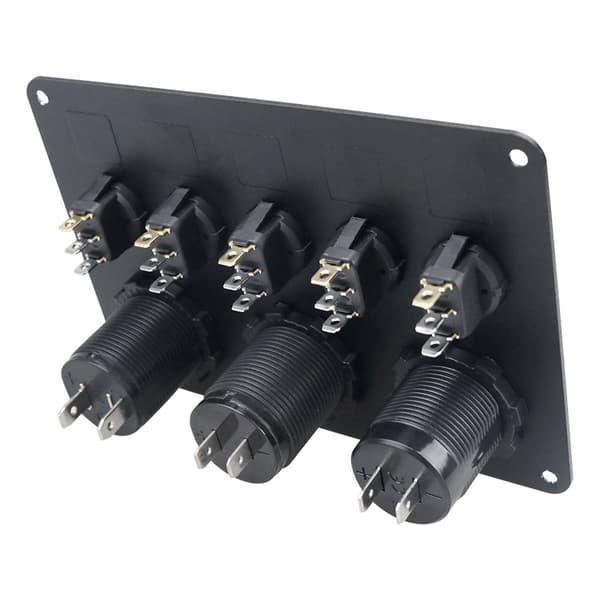 Strømbryterpanel - 5 brytere, voltmeter, 2 USB-strømuttak Black+Green