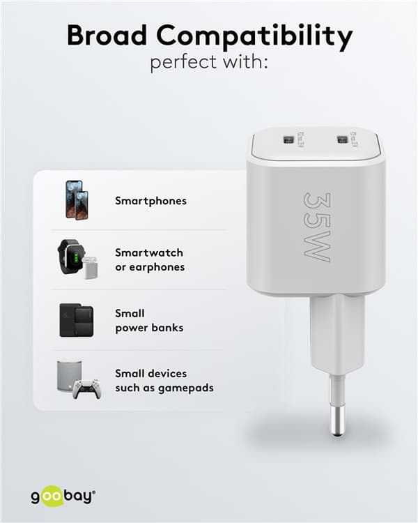 USB-C™ PD GaN dobbel hurtiglader Nano (35 W) hvit