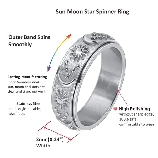 Moon and Star anti-stress ring i rustfrit stål Silver 24 mm