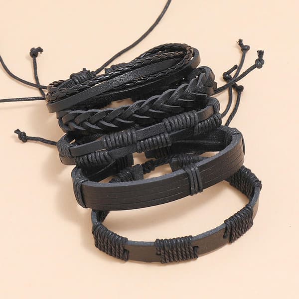 Håndlavede læderarmbånd, 5-pak Black