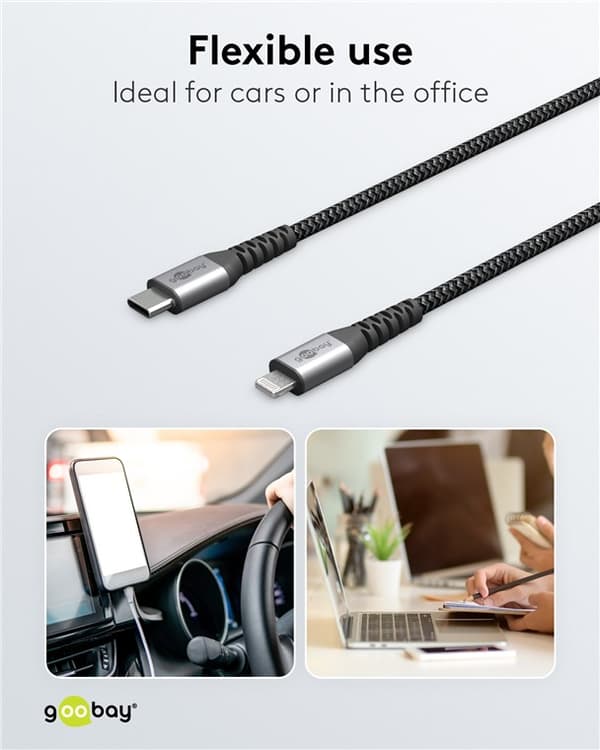 Lightning-USB-C™ textilkabel med metallkontakter, 1 m