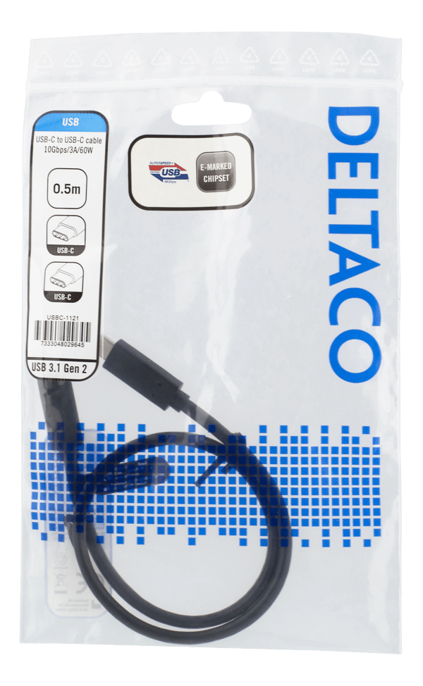 USB-C cable, 0.5m, USB 3.1 Gen 2, 10 Gbps, 60W, black