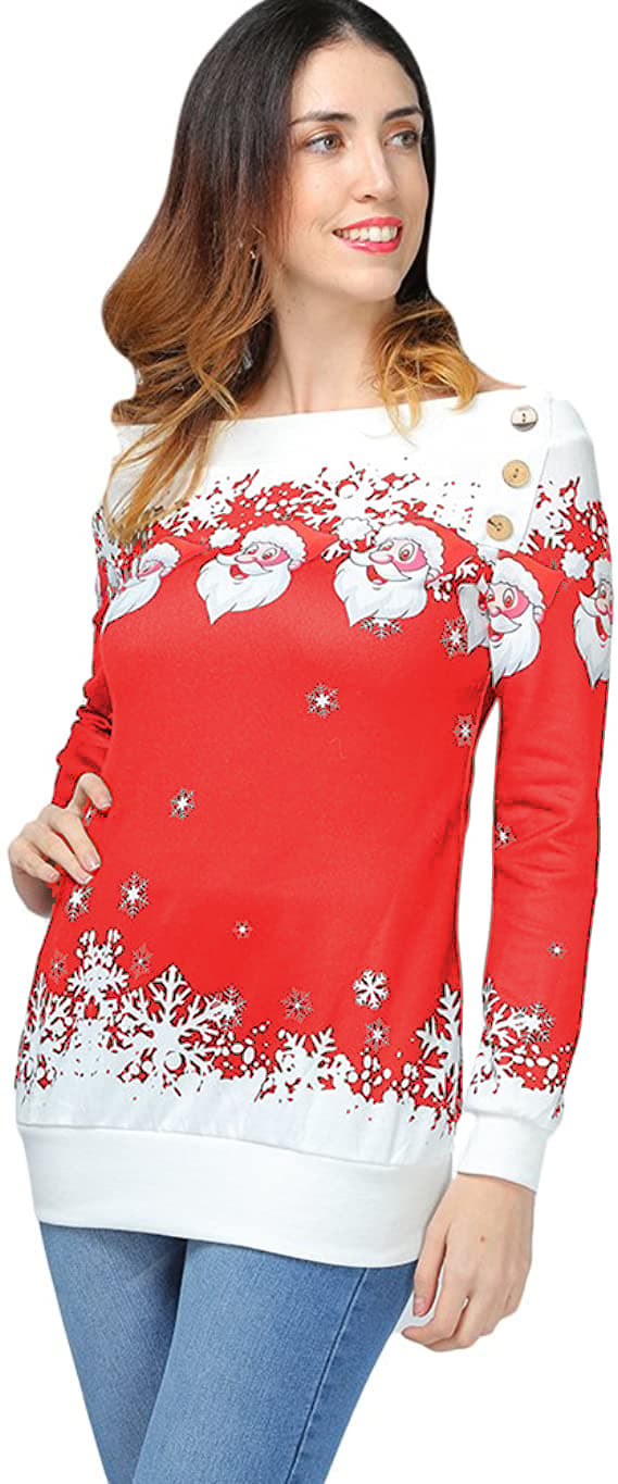 Off-shoulder tyk sweater med julemønster - Str. S, Rød