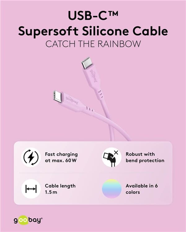USB-C™-silikonkabel, 1,5 m, Pink